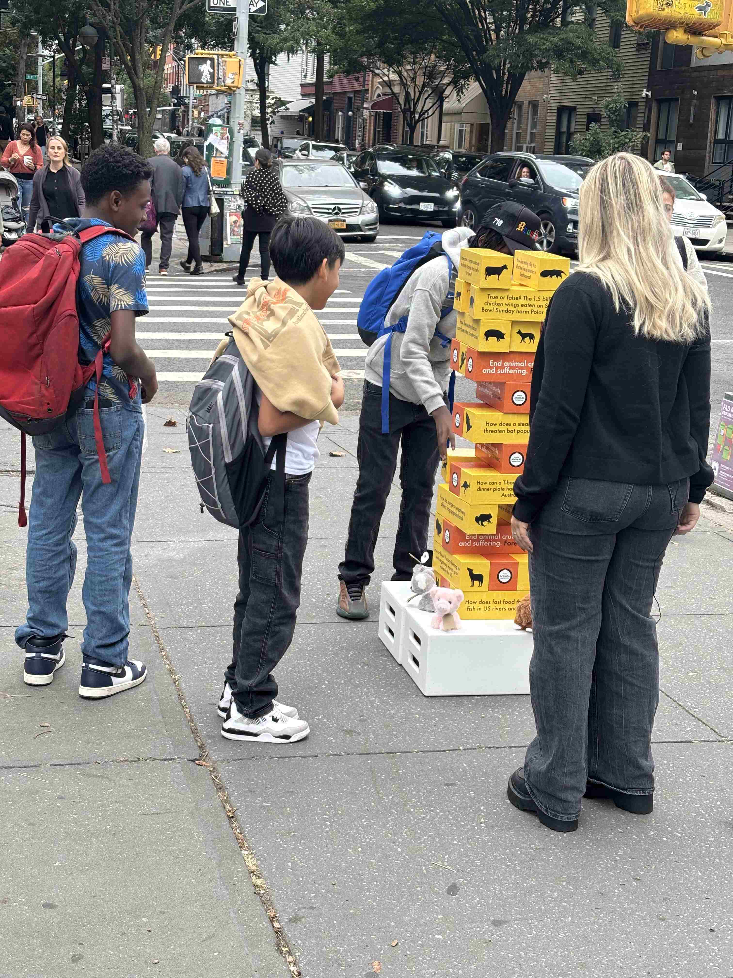 Interactive Jenga style game out in the streets of NYC.