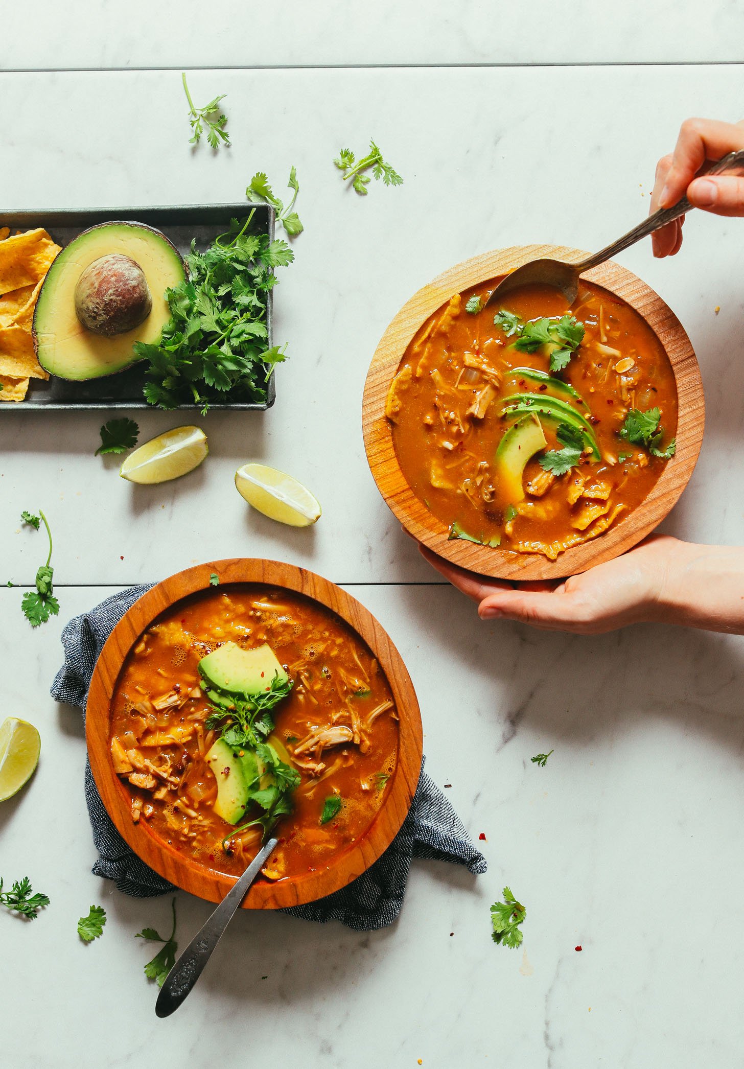 Vegan tortilla soup with jackfruit.