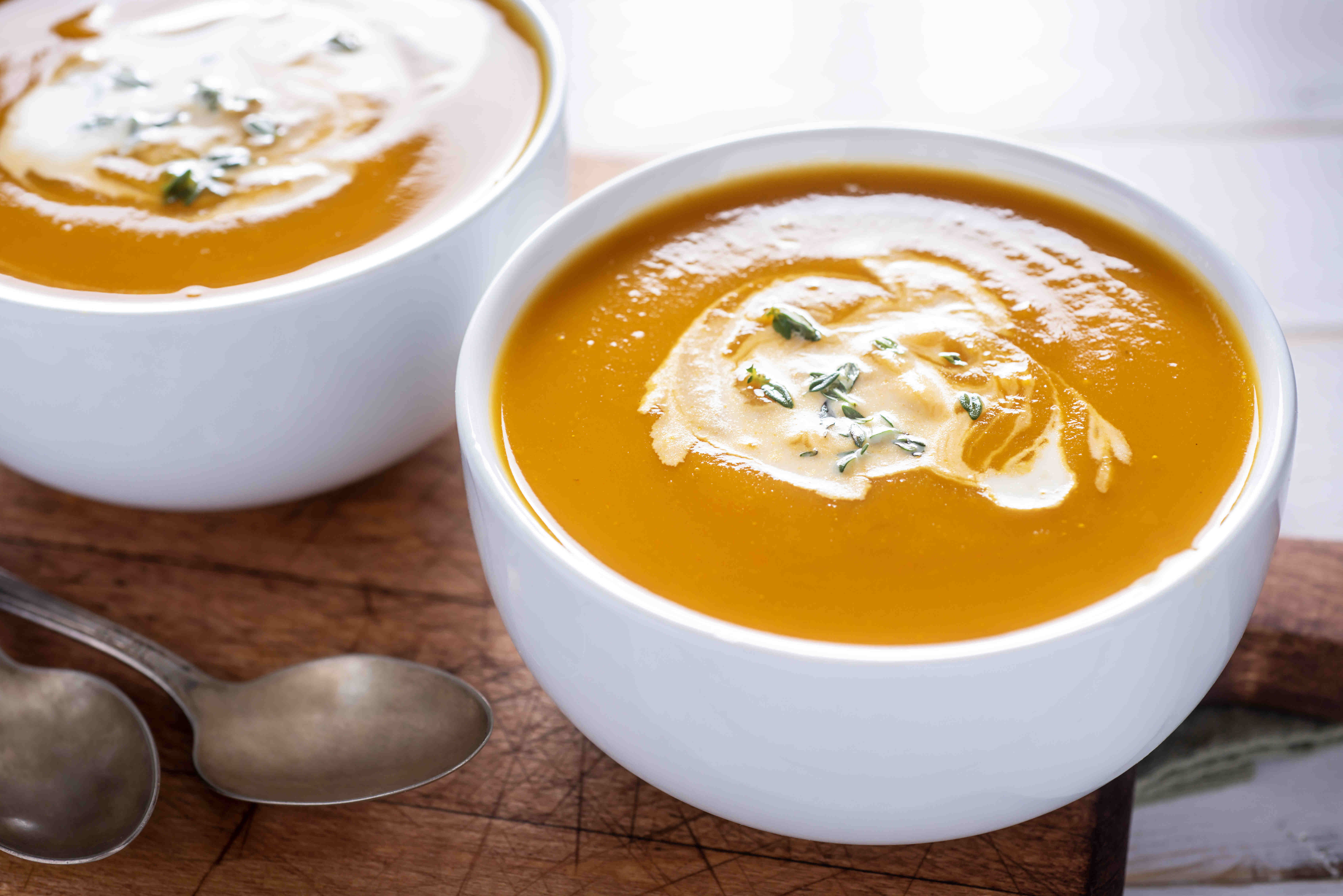 Butternut squash soup in a bowl.