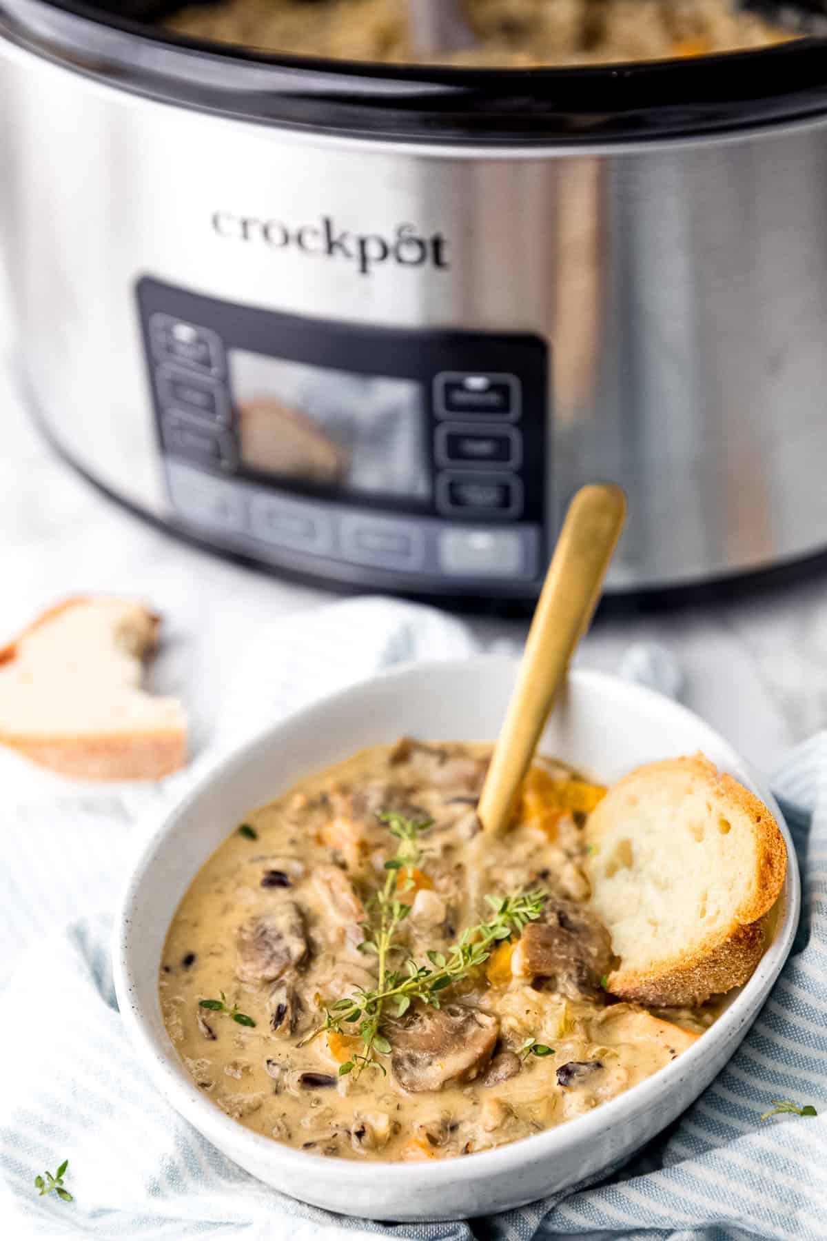 Vegan slow cooker mushroom wild rice soup.