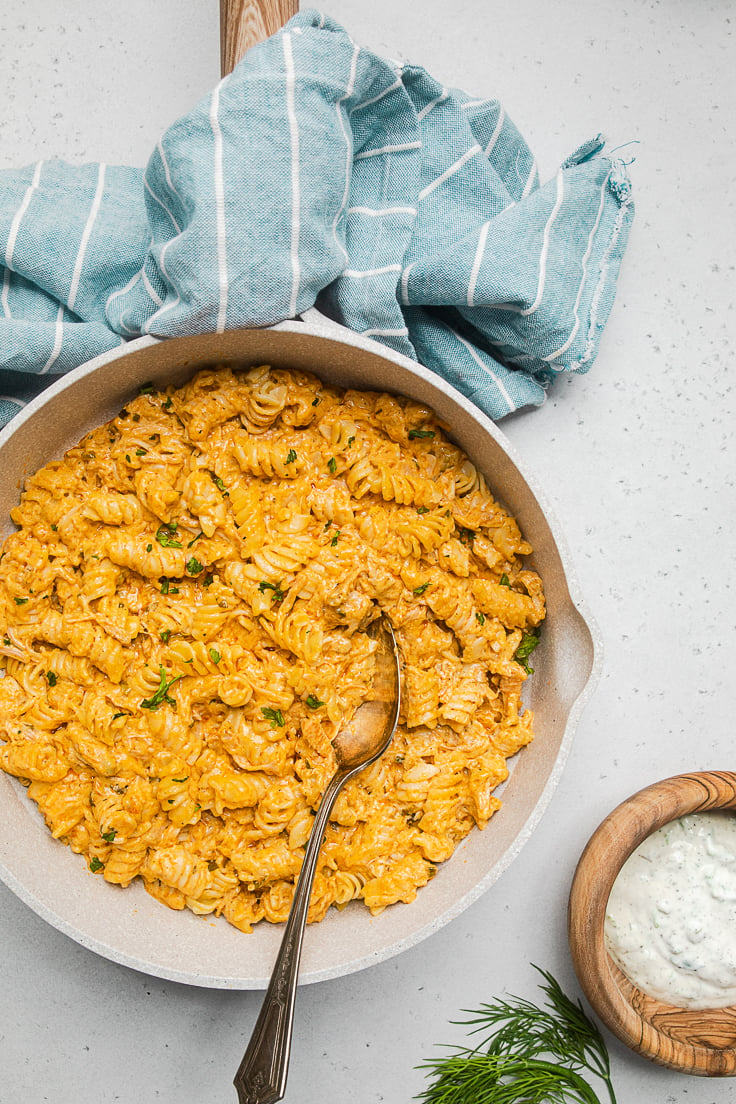 Vegan buffalo chicken pasta.