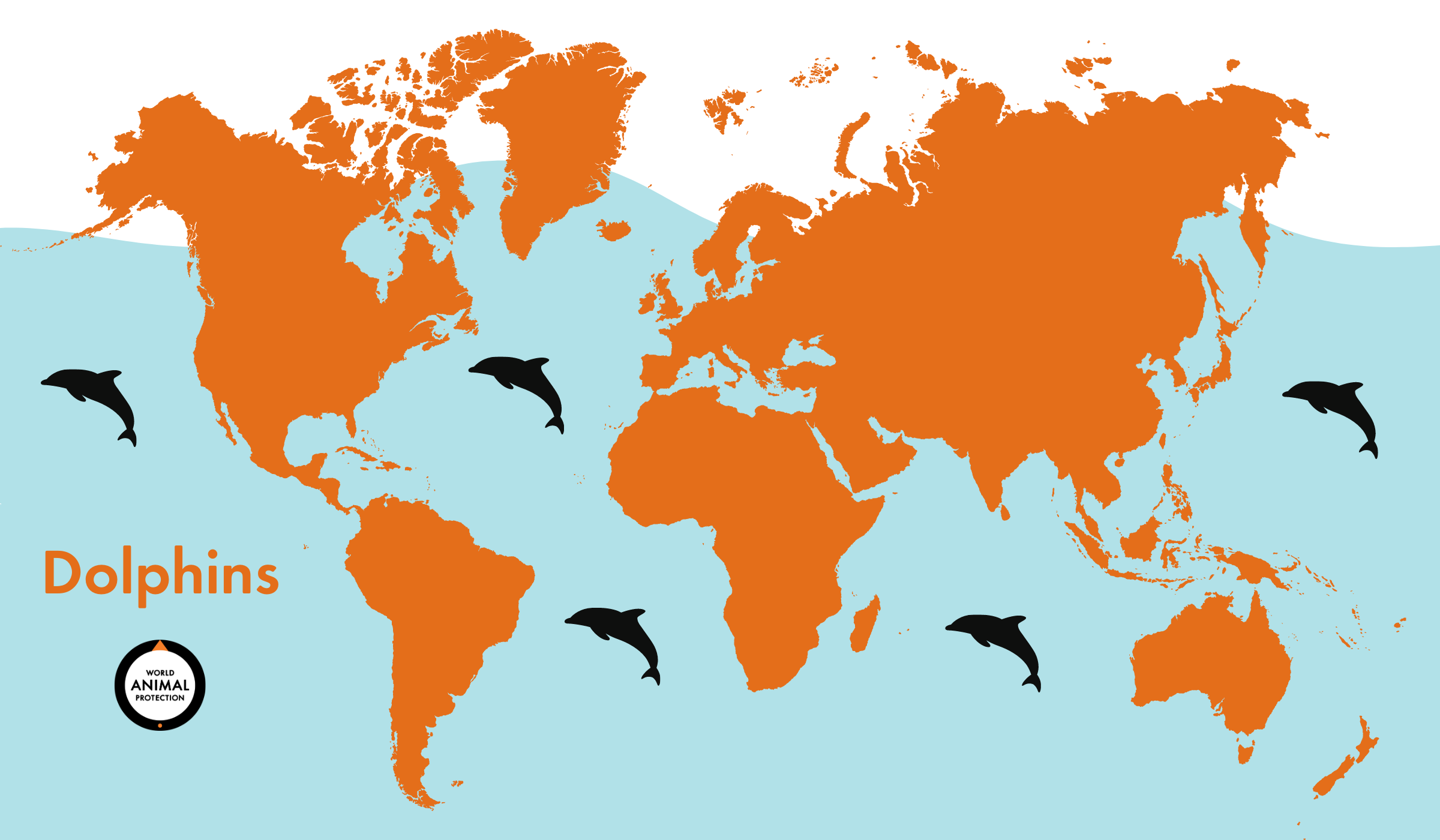 A map showing where dolphins live around the world.