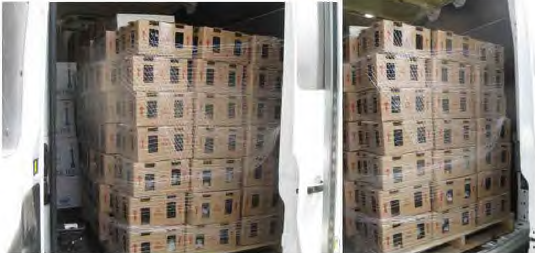 A shipment of hamsters from Sun Pet stacked seven boxes high and four boxes deep. The hamsters stuck in the middle cannot even be observed during transport.