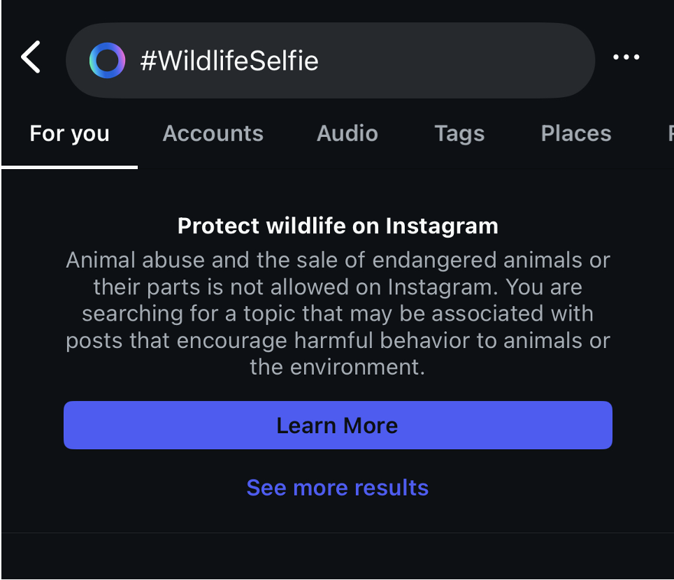 Instagram's #WildlifeSelfie message about how to protect wildlife online.