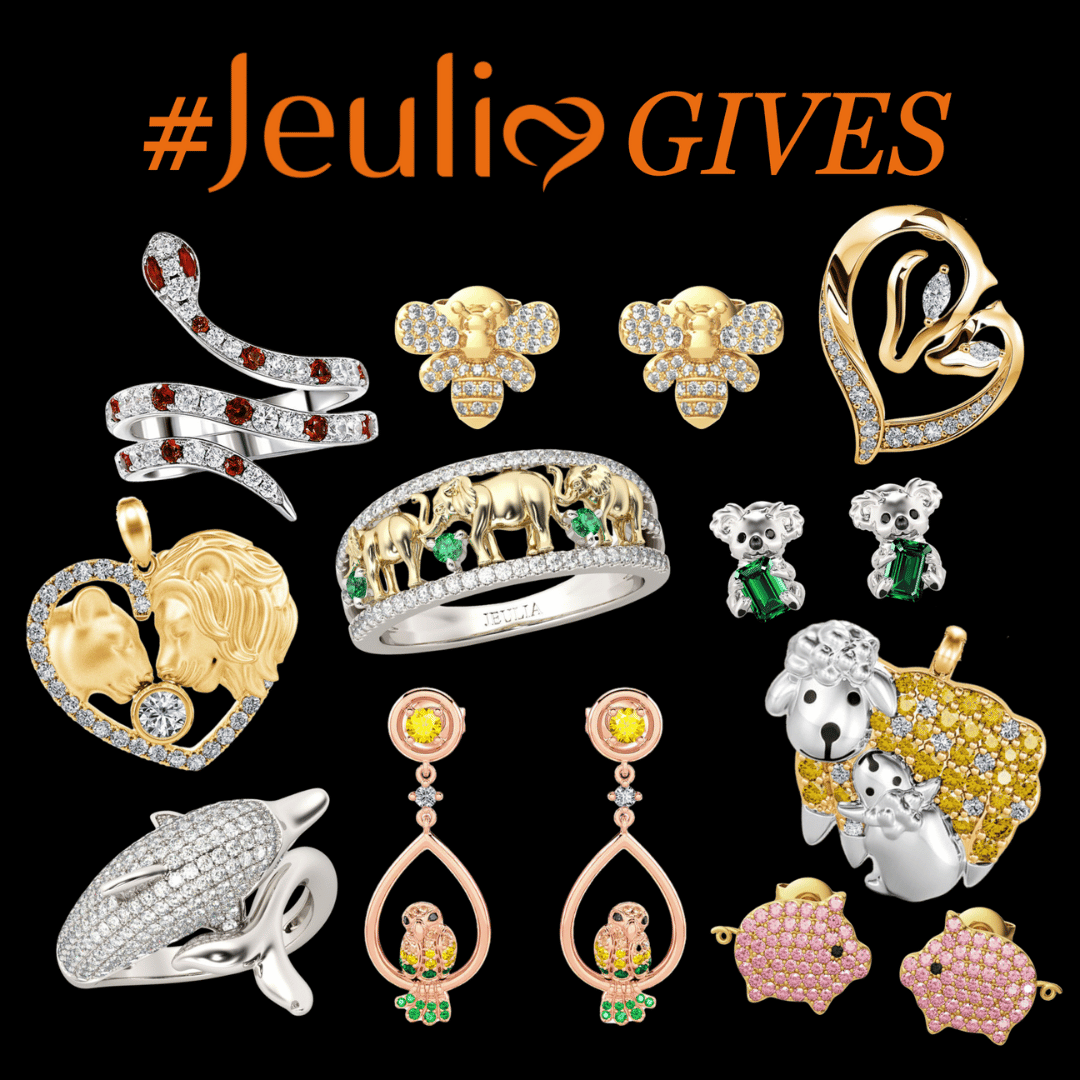 A collection of Jeulia jewelry on a black background with the text #jeuliaGIVES in orange.